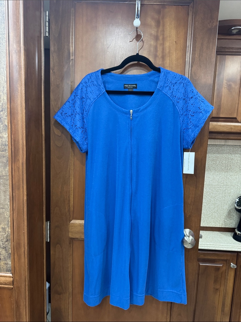 Miss Elaine Royal Blue Lace-Sleeve Zip-Front Robe
